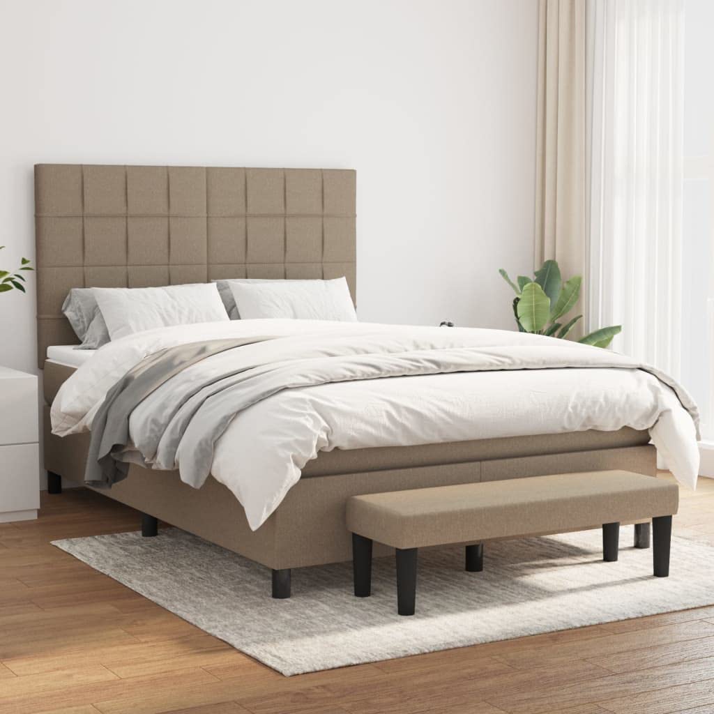 Łóżko kontynentalne z materacem, materiał taupe, 140 x 190 cm, regulowany zagłówek, rdzeń sprężynowy kieszeniowy, meble do sypialni, komfortowy leżak