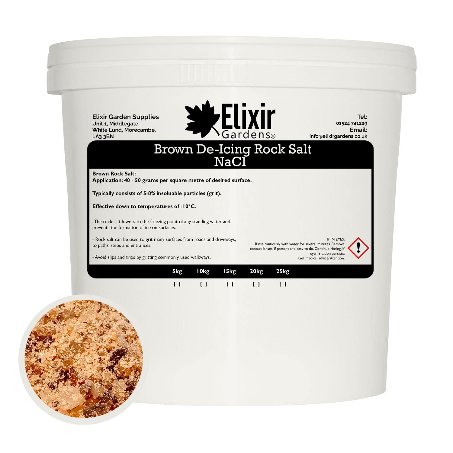 Elixir Gardens | De-Icing Rock Salt | Quantities from 1kg-20kg | From 20 sq.m-500sq.m Coverage | Perfect for Melting/Gritting Ice & Snow on Paths, Drives, Pavements & Steps | Brown De-Icer | 1kg Tub