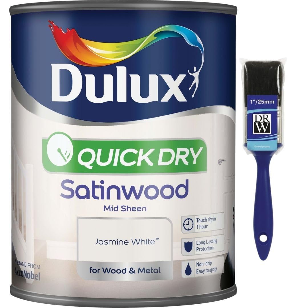 Jasmine White Quick Dry Satinwood Paint 750ml | Interior Wood and Metal Paint | Durable Mid Sheen Finish | Fast Drying Trim Paint for Doors Skirting Boards Cupboards and Furniture