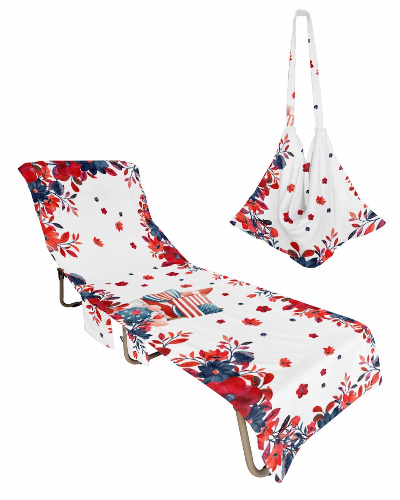 4th of July Gnomes Beach Lounge Chair Towel Cover, Soft Chaise Lounge Towel with Side Pockets Patio Pool Chairs Cover for Beach/Pool Sunbathing 29x85 Blue Red Floral Independence Day
