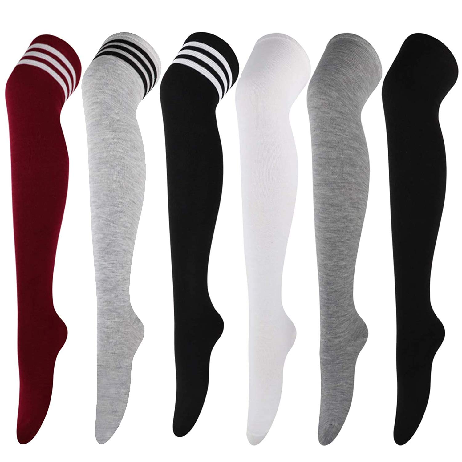DRESHOW 6 Pairs Long Socks Thigh High Socks Tights Over Knee Socks Casual High Stockings for Girls and Women