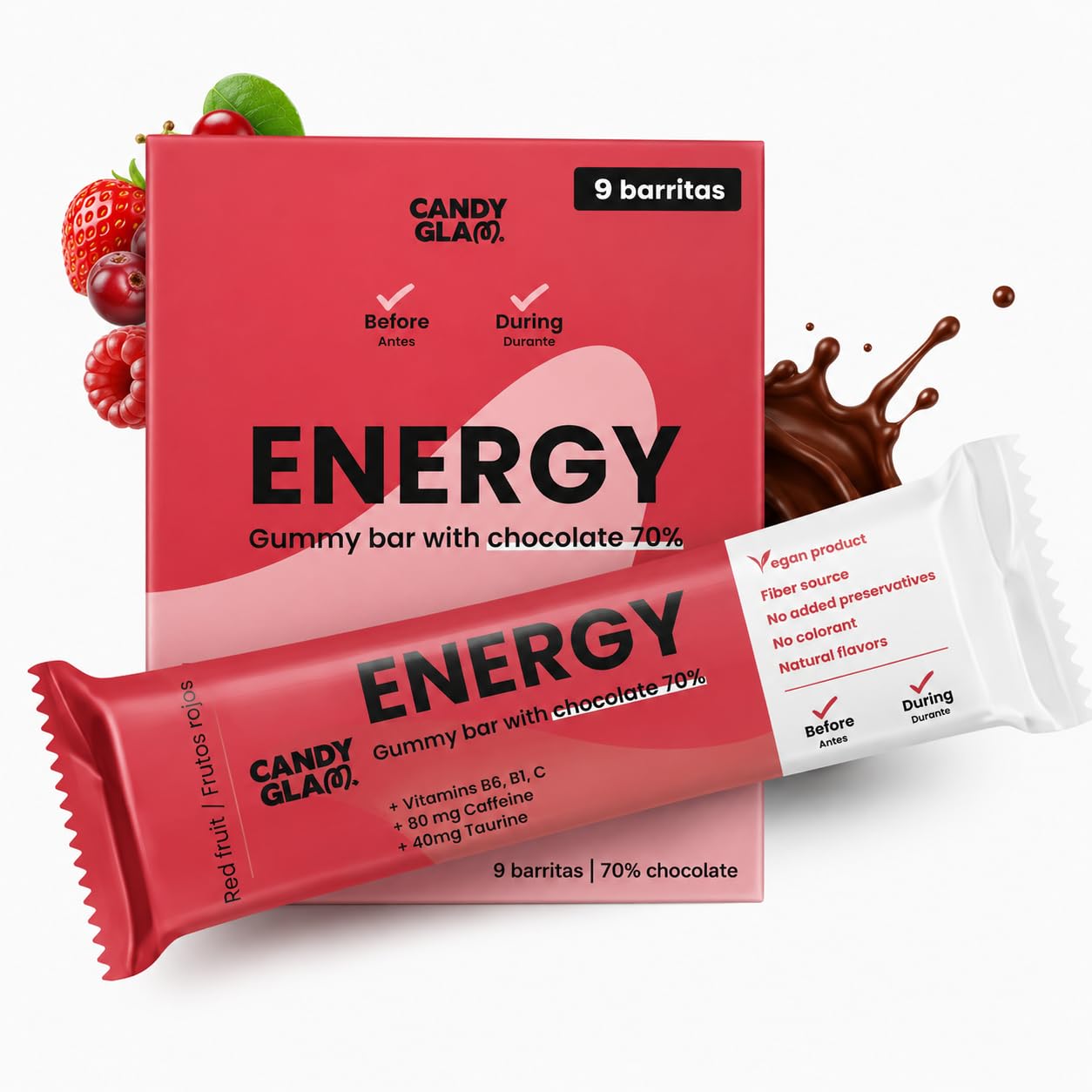 Candy Glam Pack 24 Barritas Gominola | 12 Frutos Rojos con Cafeína, Taurina y Vitaminas + 12 Creatina, Plátano y Chocolate 70% | Snack Deportivo para Energía y Entrenamiento