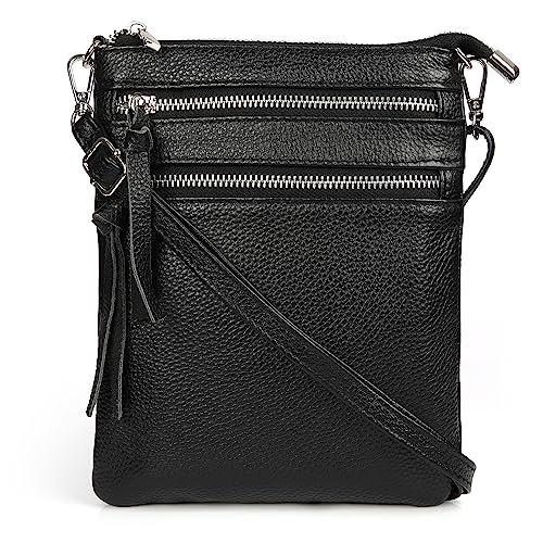 Befen Small Black Crossbody Bag for Women Triple Zip Genuine Leather Crossover Purse with Shoulder Adjustable Strap Black