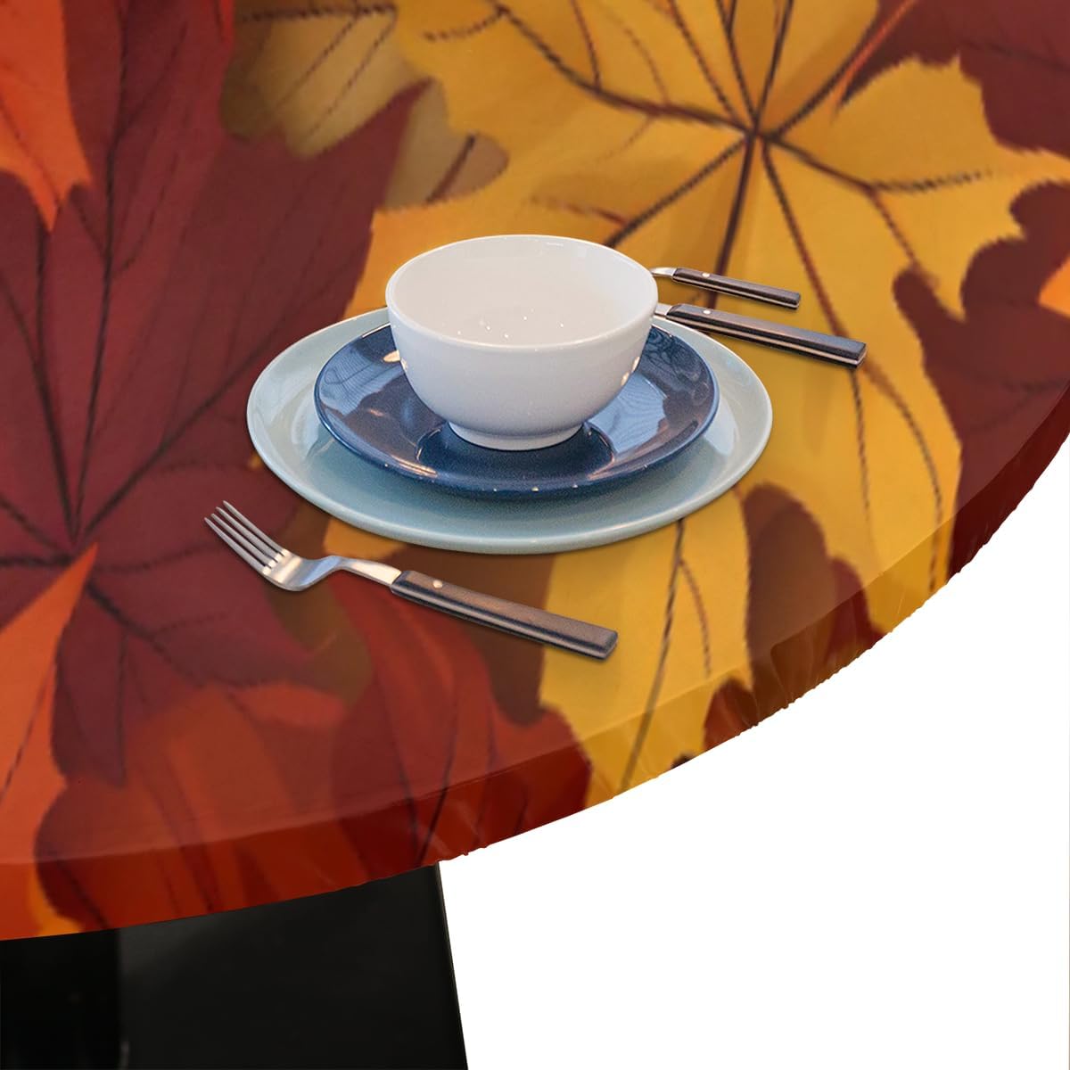 Round Tablecloth Fall Maple Leaves Autumn Pattern Fitted Table Cloth with Elastic Edge Waterproof Spill Proof Elastic Table Cover for Kitchen Party Decor, Fit 36-42In Round Tables