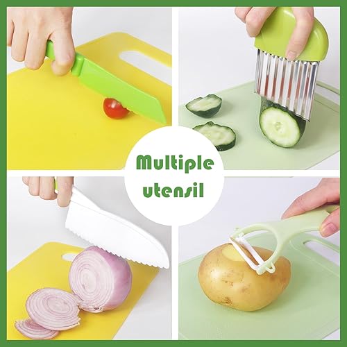Miniatura 4 de Tellshun Juego de 14 cuchillos de cocina de madera para niños con guantes, tabla de cortar frutas, verduras, cortadores arrugados, bordes dentados,