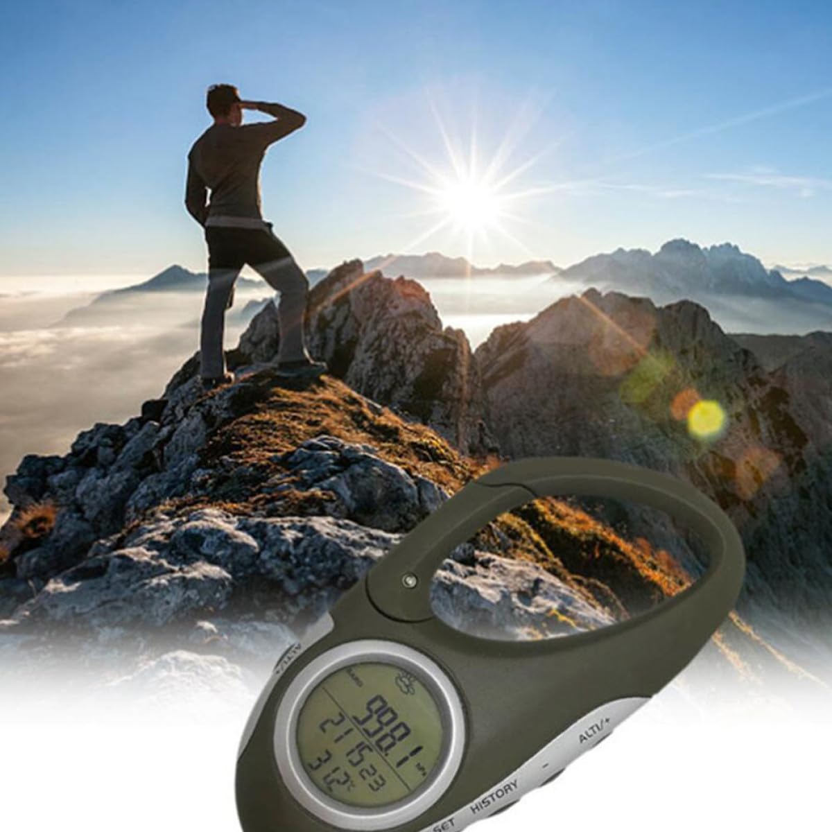 VOSAREA Altímetro de Mano Mosquetón, Barómetro Portátil y Termómetro para Montañismo, Dispositivo Multifunción Ligero para Senderismo y Actividades al Aire Libre
