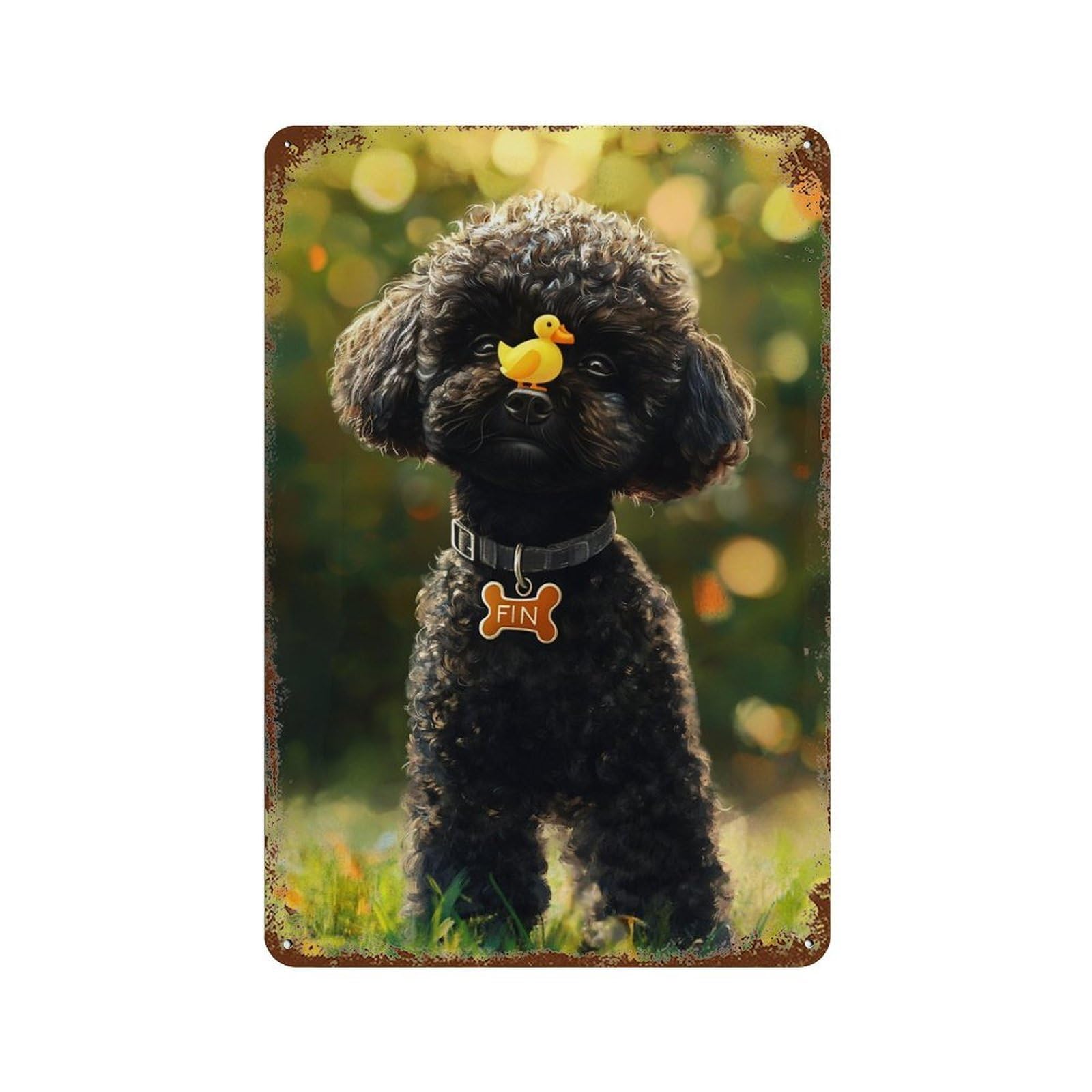 Adorable Poodle with Yellow Duck Toy Rustic Tin Plaque 11.8"x7.9", Industrial Home Decor for Pub, Kitchen And Man Cave Decor