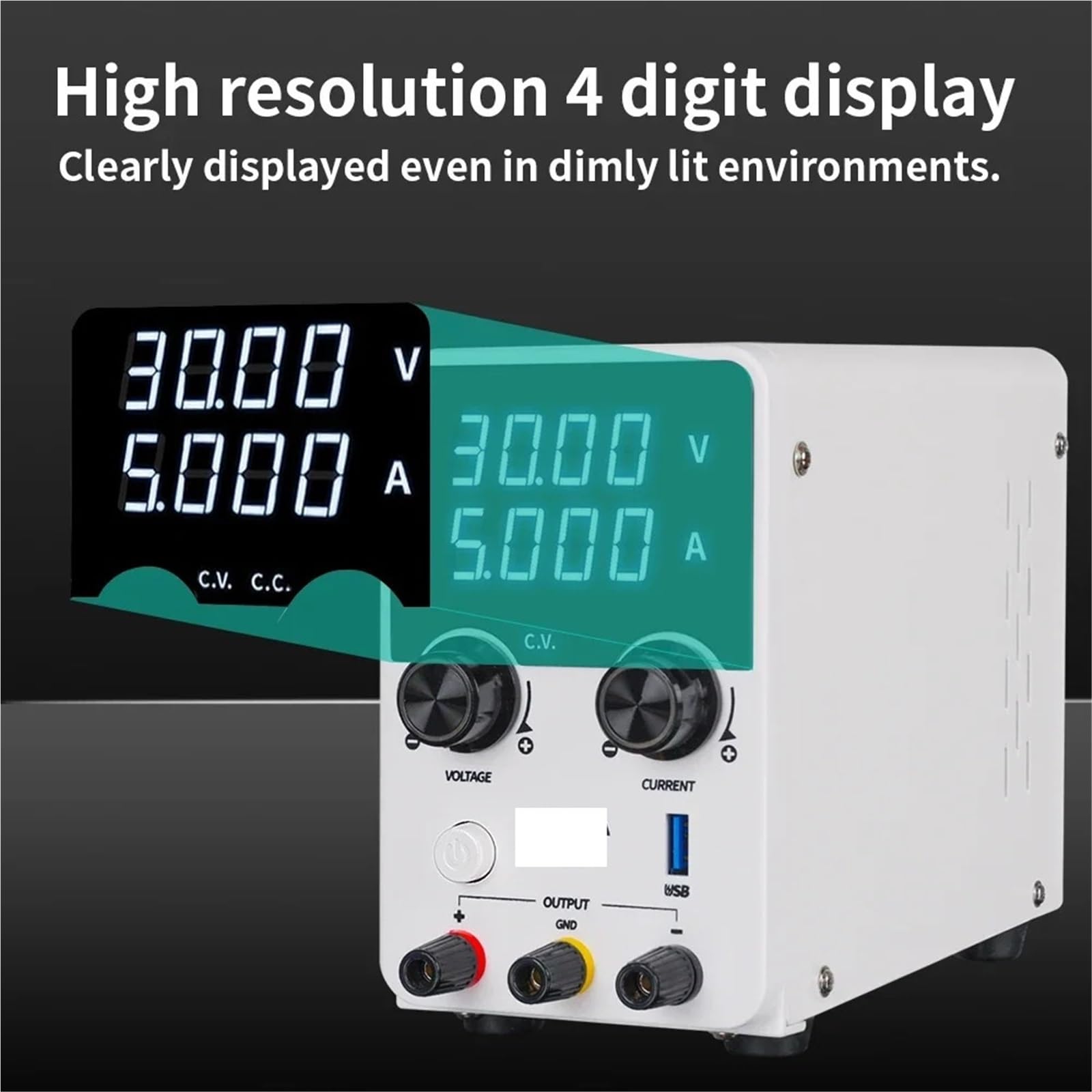 Alimentatore da Banco, Alimentatore regolabile 30V 5A LED Display USB a ricarica rapida Regolatore di tensione DC Unità di alimentazione da laboratorio portatile da banco