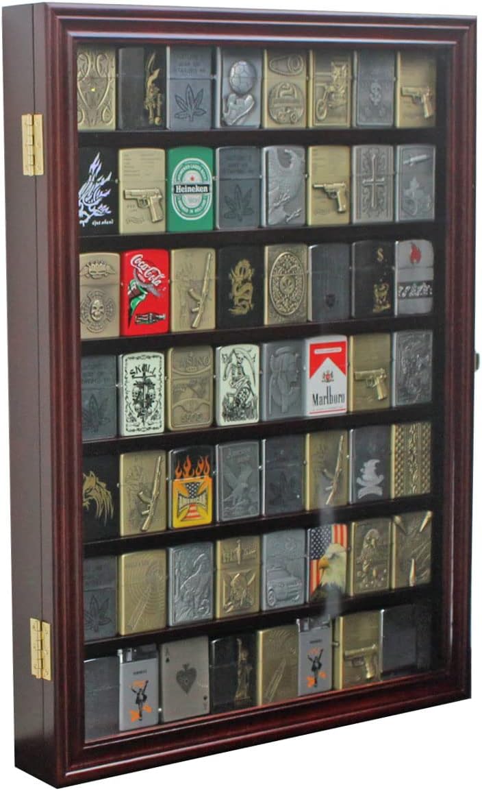 Display Case Cabinet Shadow Box Compatilble with Zippo Lighters Without Box Mahogany Finish