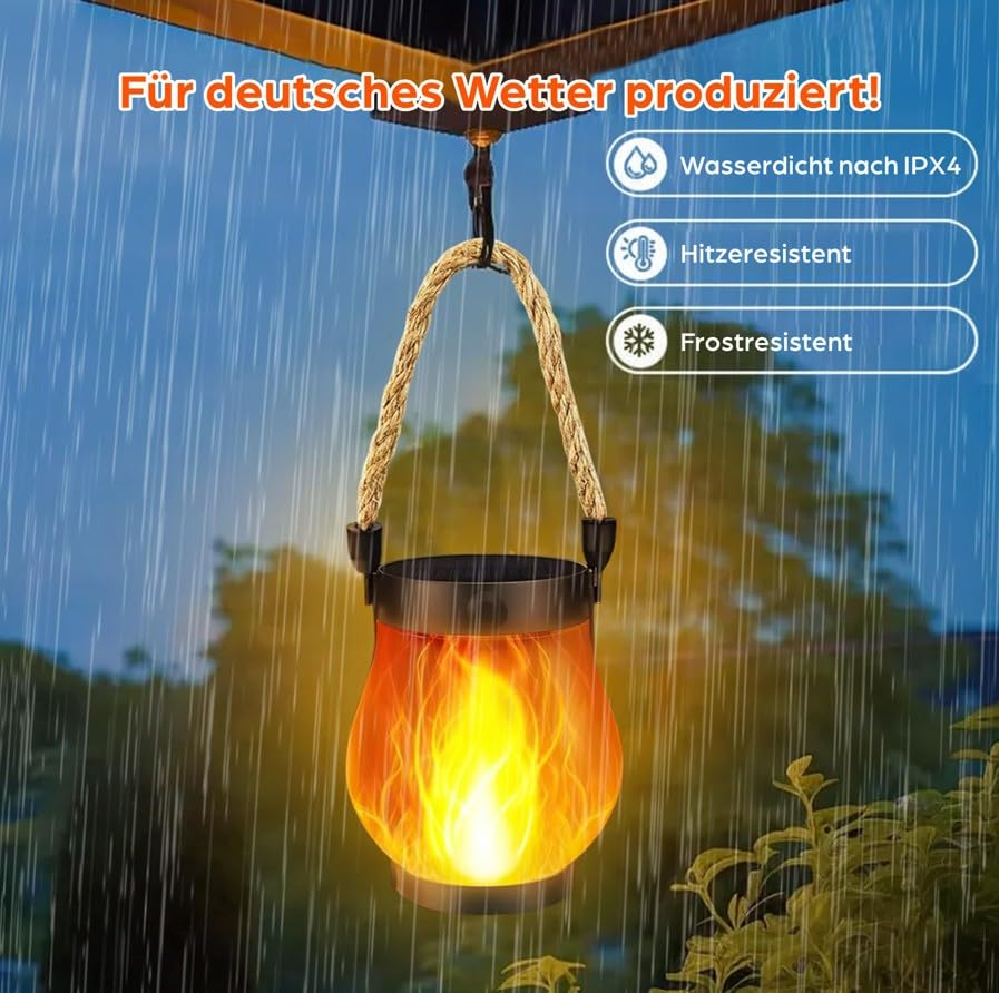 SONNENKERZE® Solar Laterne, 2er Set mit Flammeneffekt – LED Solarlampen für Garten, Balkon & Terrasse – USB & Solar Aufladung – IP44 wasserdicht – Outdoor Hängelampe mit warmem Fackellicht Beleuchtung