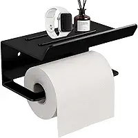 BVX Suporte de Papel Higiênico Adesivo Elegante para Parede, Preto, Design Minimalista, Instalação sem Furos, com Prateleira Multifuncional, Polipropileno