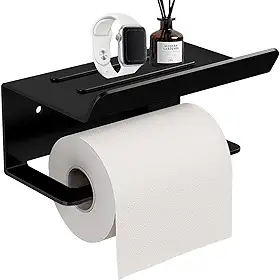 BVX Suporte de Papel Higiênico Adesivo Elegante para Parede, Preto, Design Minimalista, Instalação sem Furos, com Prateleira Multifuncional, Polipropileno