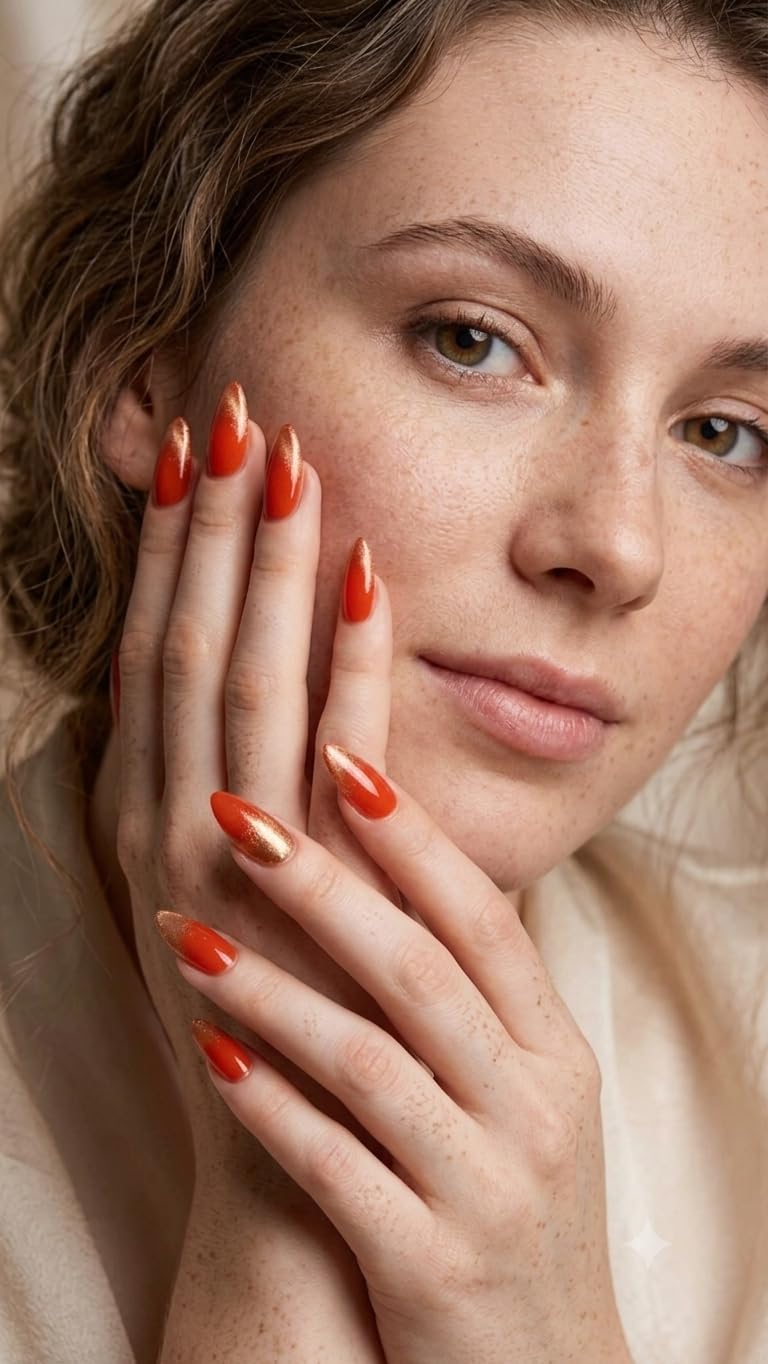 Press on Nails Almond Medium Orange Red Gold Glitter Ombre 24 Pcs | Glossy Finish, Reusable & Stick-On, Full Cover False Nails, Includes Nail Glue, Acrylic Nail Kit-picture-24