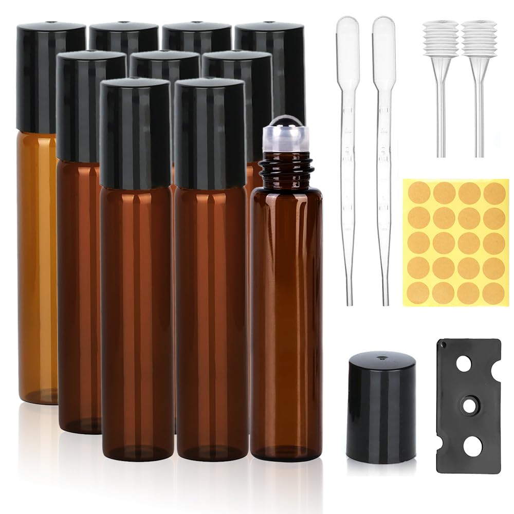 Roll on Lot de 10 bouteilles d'huile essentielles à rouler vides de 10 ml avec bille en acier inoxydable pour huiles, parfums, cosmétiques, parfums, massages
