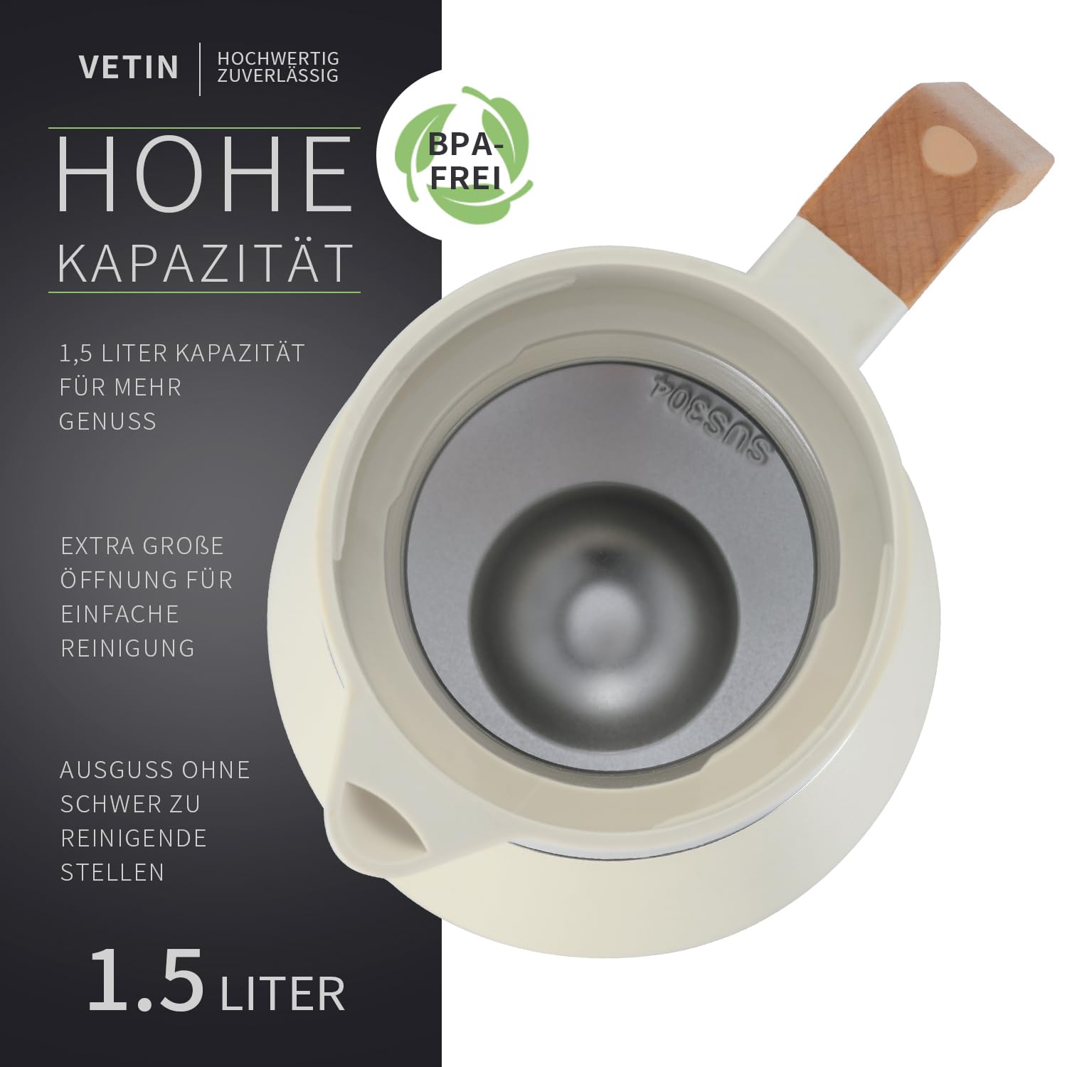 VETIN Termo con colador de té de 1,5 l de acero inoxidable 304, jarra térmica | A prueba de fugas, 10 h caliente y 16 h frío, para té, café y bebidas frías (tapa: blanco | cuerpo: beige cálido)