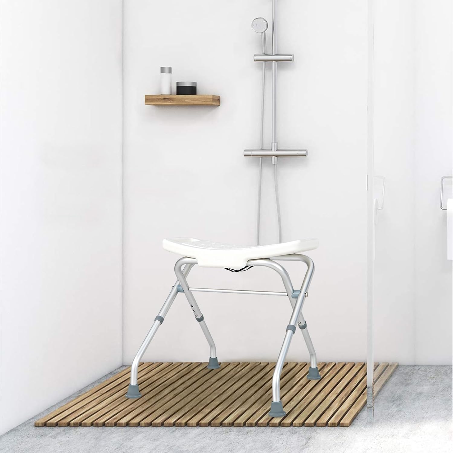 RELAX4LIFE Taburete Baño Plegable con 3 Altura Ajustable 49-52,5cm, Taburete Ducha Antideslizante de Aluminio y HDPE con Orificios de Drenaje para Personas Mayores, Discapacitadas, Carga 150kg