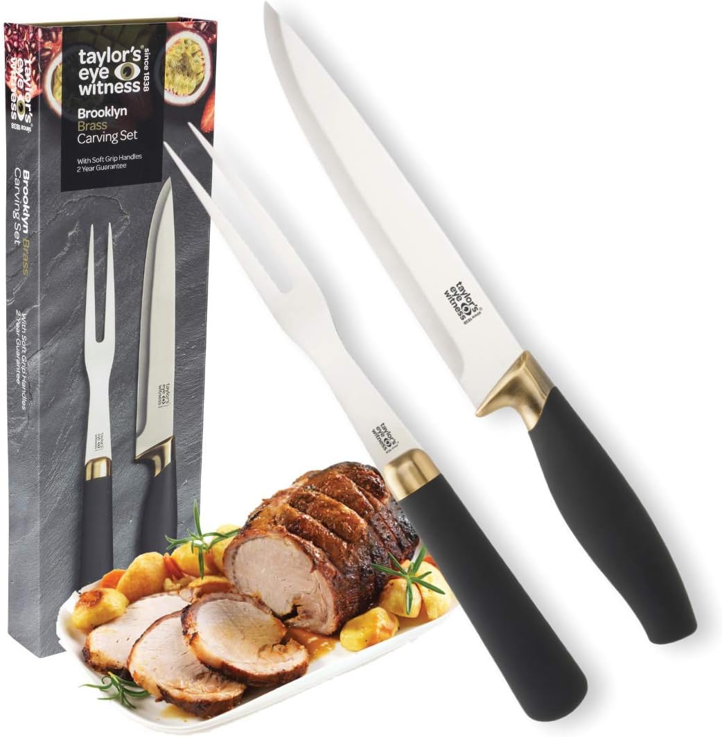 Taylors Eye WitnessCarving Knife & Meat Fork Set - 20cm/8 Inch Classic Matt Stainless Steel Blade. Strong, Stylish Two Prong Fork for Professional Chefs & Home Cooks. Brass Bolster. Soft Grip Handle