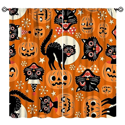 JESTRONRY Halloween Black Cat Curtain, Orange Pumpkin Full Moon Night
