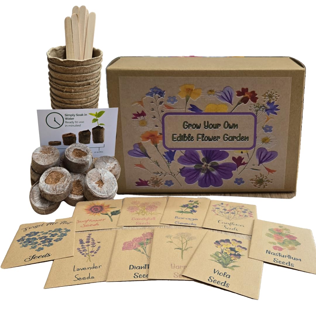 Edible Flowers Garden 10 Seed Starter Kit - Non-GMO Seeds for Planting, Compost, Fibre Pots, Plant Markers, Gift Box, Grow Your Own Kits, Home Gardening Gifts for Plant Lovers Gardeners Mothers Day
