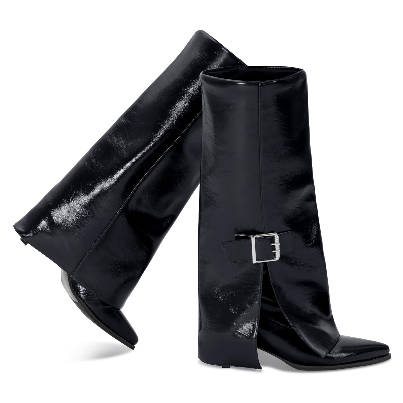 zeuhzih Knee High Boots Women, Fold Over Shark Boots Pointed Toe kitten heels Wide Calf，Minimalist Street Style Faux Leather Boots for Fall & Winter,Decorative buckle with metallic color-picture-11