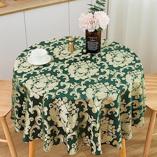 SPRICA Round Jacquard Tablecloth 150cm Classic Flower Pattern Thick Heavy Weight Soft Table Cover, Machine Washable, Golden Green - Image 3