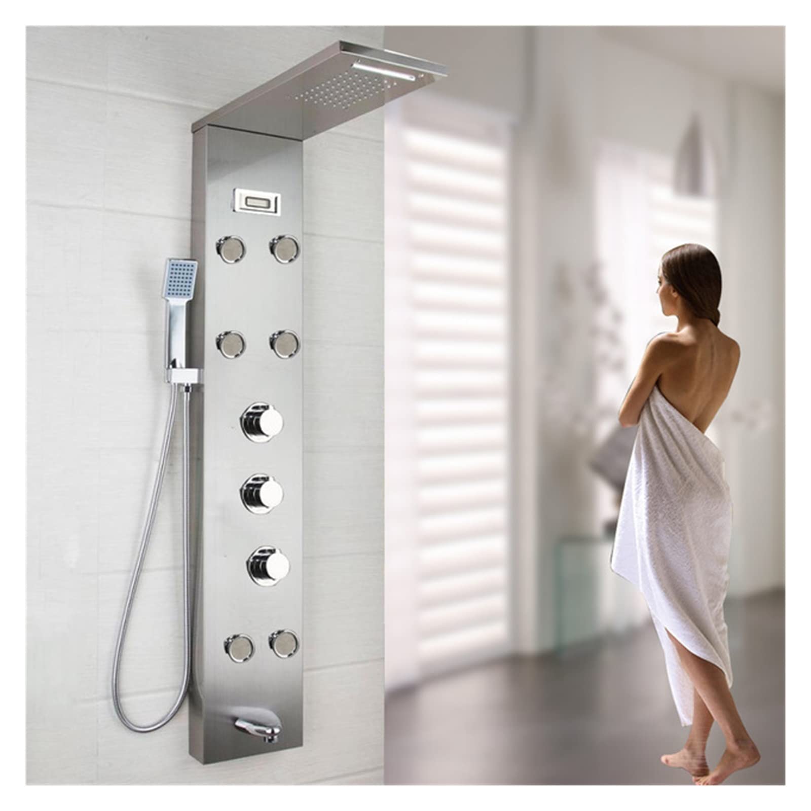 Système de douche LED avec colonne noire et robinet de bain effet nickel brossé