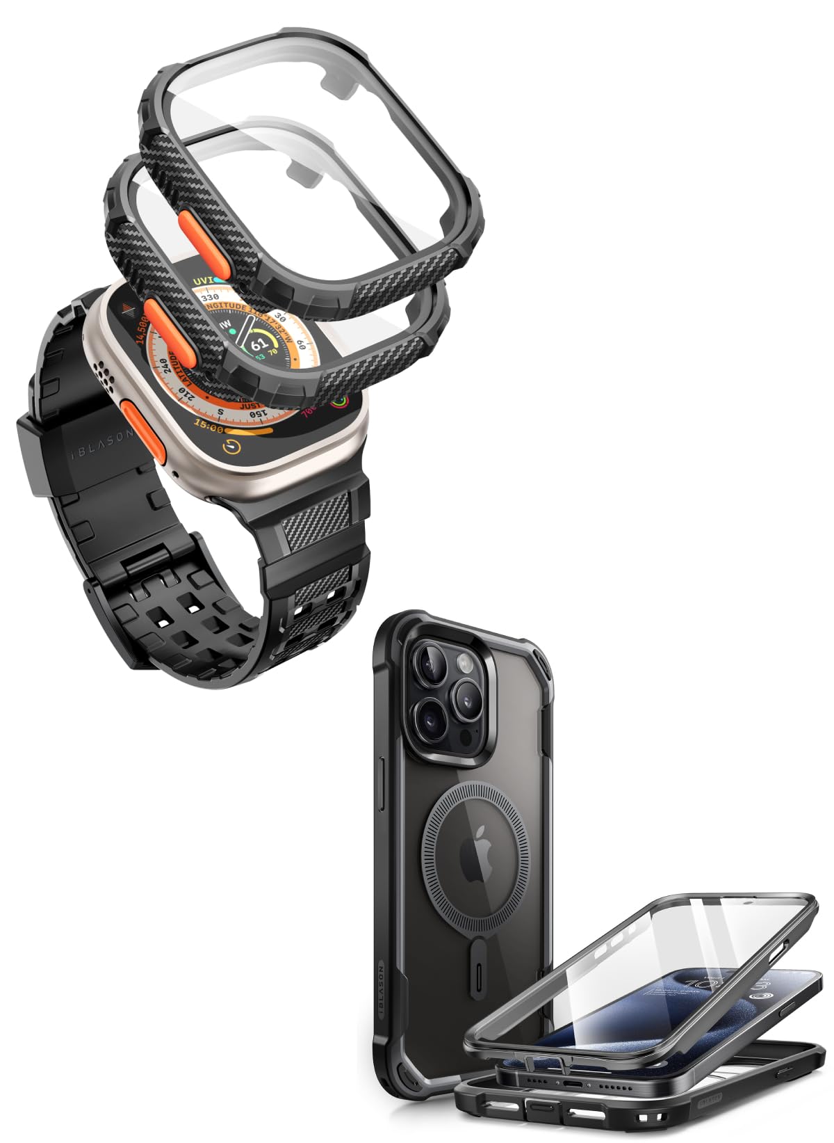 i-Blason Bundle of Apple Watch Ultra Band 49mm (Black) & iPhone 15 Pro Case (Black)