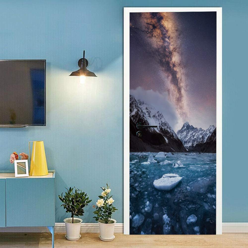 Sticker de porte montagne enneigée 88x200cm poster trompe l'œil amovible