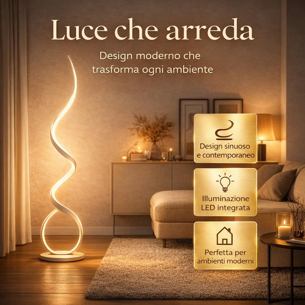Arcadia Lampada da Terra LED Moderna a Spirale | Piantana Design Contemporaneo | Luce Calda/Fredda | Lampada Salotto Camera da Letto Studio, Arredo Interni Elegante 120 cm (Nero)