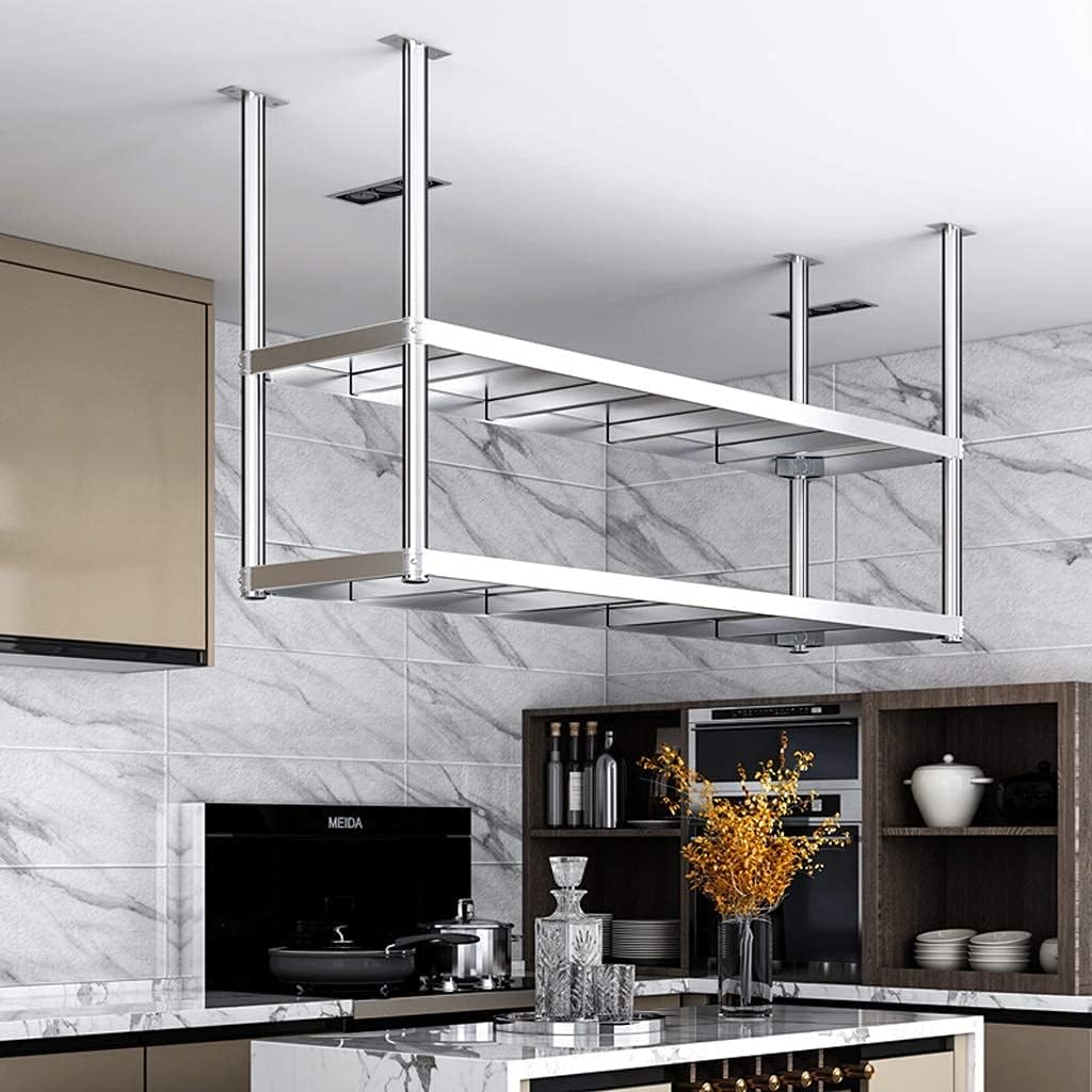 304 Stainless Steel Ceiling Frame 2-Layer European-Style Shelf Hanging Storage Rack for Restaurant and Bar 6 Sizes (80 x 35 x 80 cm)