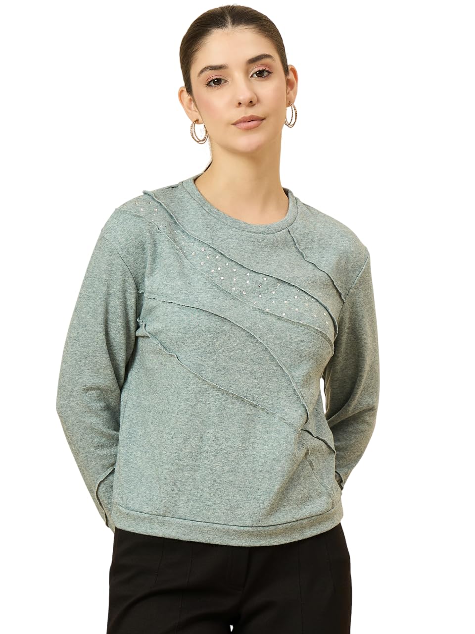 le bourgeois Women's Heathered Light Sage Green Fleece Sweatshirt, Diagonal Panel Design with Rhinestones, Long Sleeve, Crew Neck-picture-33
