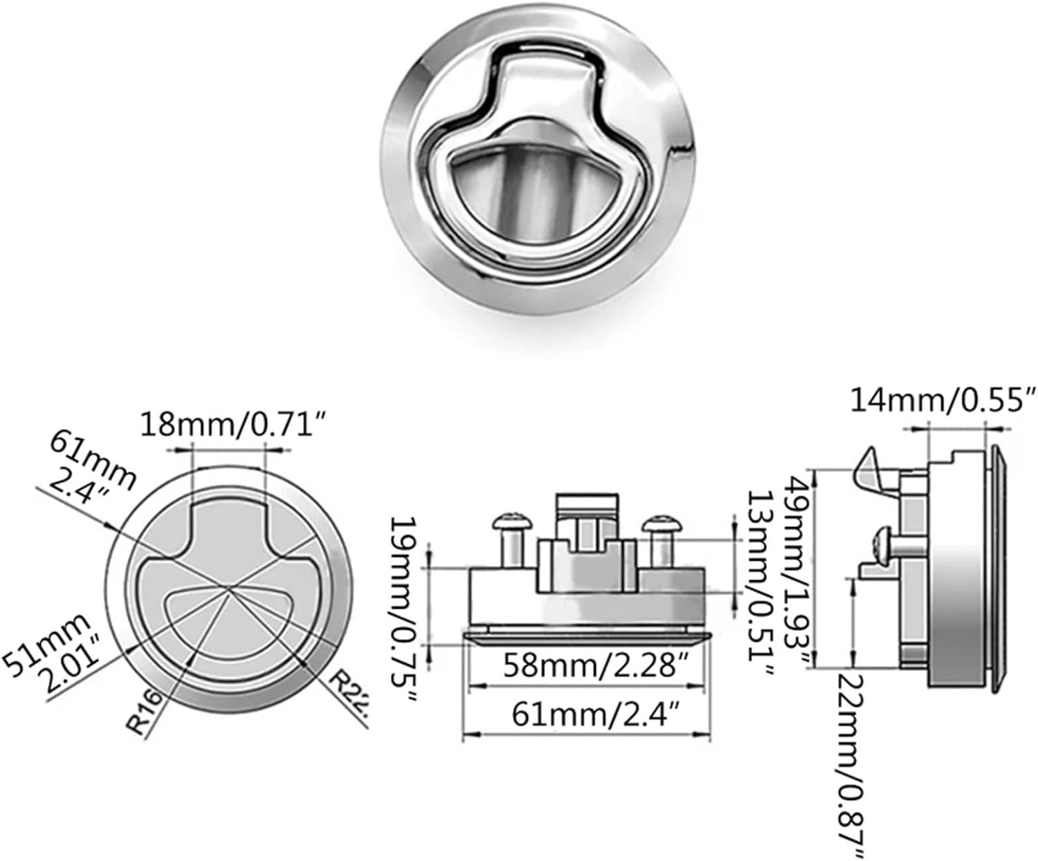 61mm Embedded Flush Pull Slam for Latch Lock Marine Deck for Hatch Door Cabinet Hardware Non Locking Lift Handle 1Pcs