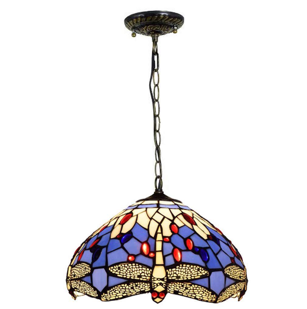 YNIYUJKL Pendant Light 12 Inch Tiffany-Style Mediterranean Blue Dragonfly Stained Glass Ceiling Hanging Lamp, For Restaurant, Kitchen, Cafe, Entrance, Balcony Chandelier Ligh
