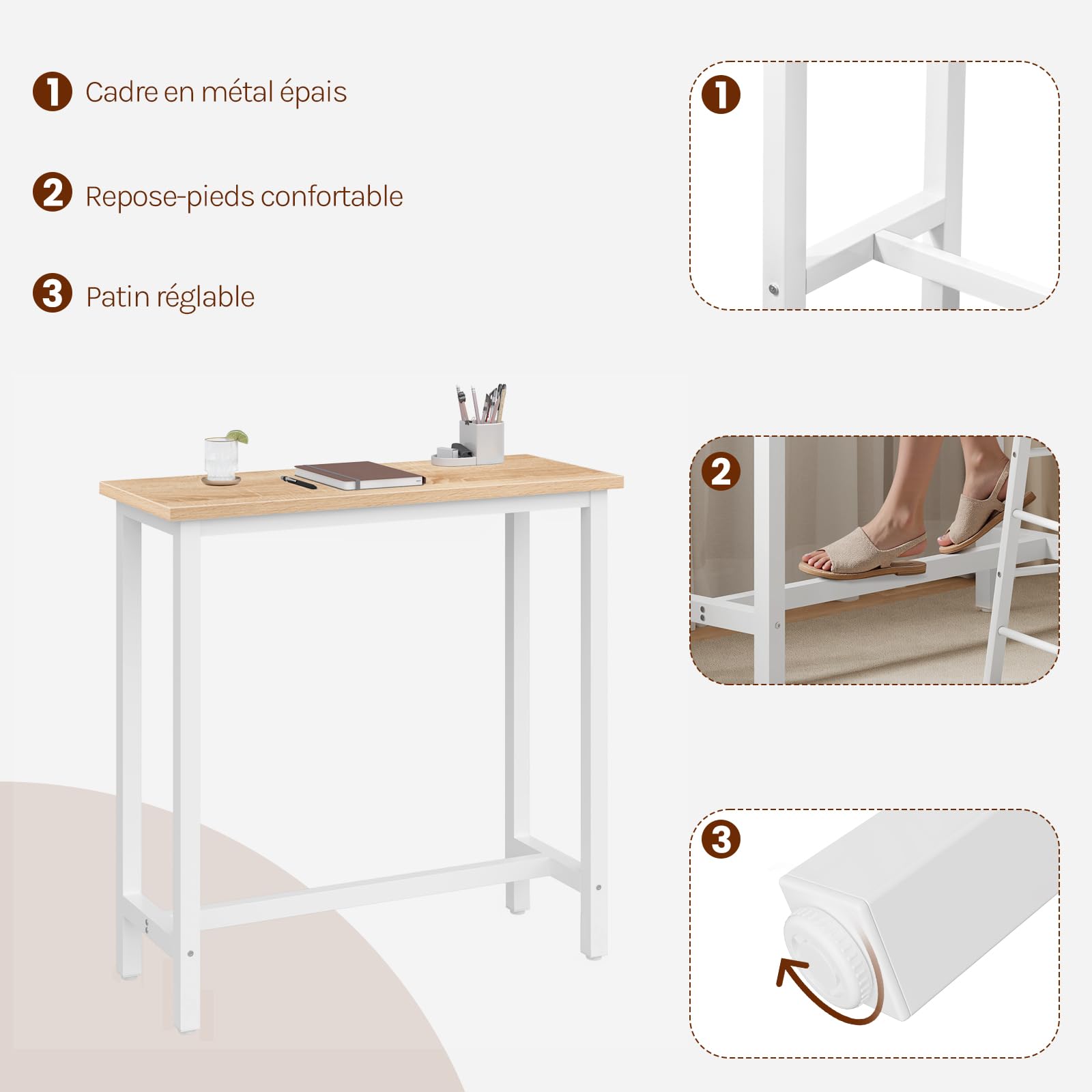 WOLTU Table de Bar Étroite et Haute 100x40x100cm, Table à Manger avec Structure en Métal, Robuste, Chêne Clair