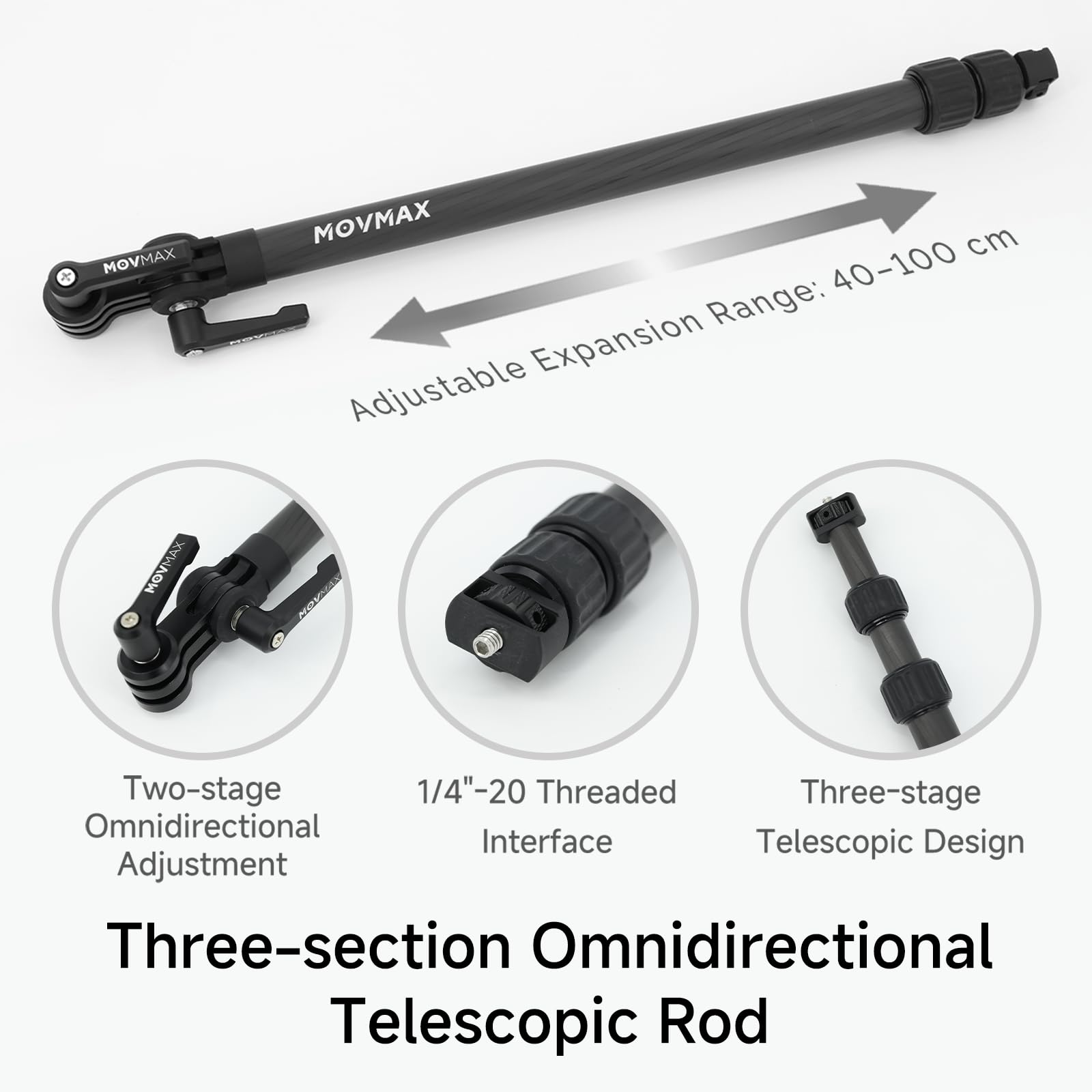 Movmax Kit de support de caméra pour sac à dos pour appareil photo Insta360 X5/X4/X3/X2 et DJI Osmo 360, perche télescopique en fibre de carbone de 40,6 à 101,6 cm, support de sac à dos réglable en