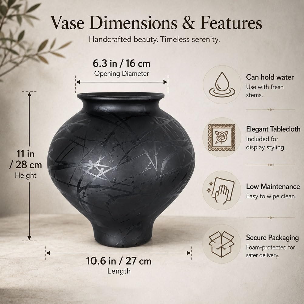Jarrón grande de cerámica negra de 11 pulgadas, jarrón redondo rústico negro mate para flores, cerámica Wabi Sabi, decoración del hogar para sala de estar, mesa, consola, entrada, centro de mesa