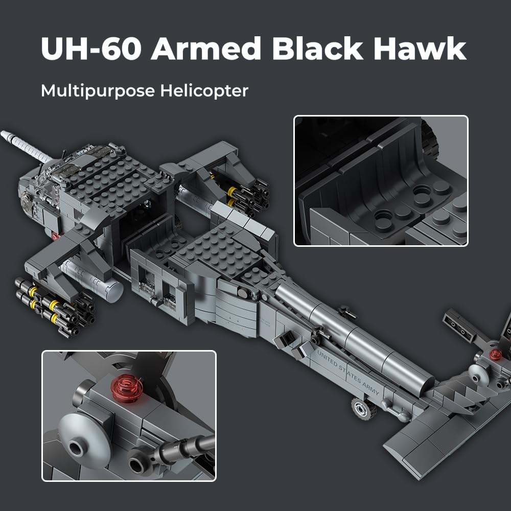 MISINI M8039 UH-60 Bewaffneter Black Hawk Hubschrauber Klemmbausteine Technik, 1377 Teile Militärserie Armee Spezialeinheiten Flugzeug, Mehrzweck- und Kampfhubschrauber Geschenk für erwachsene Sammler