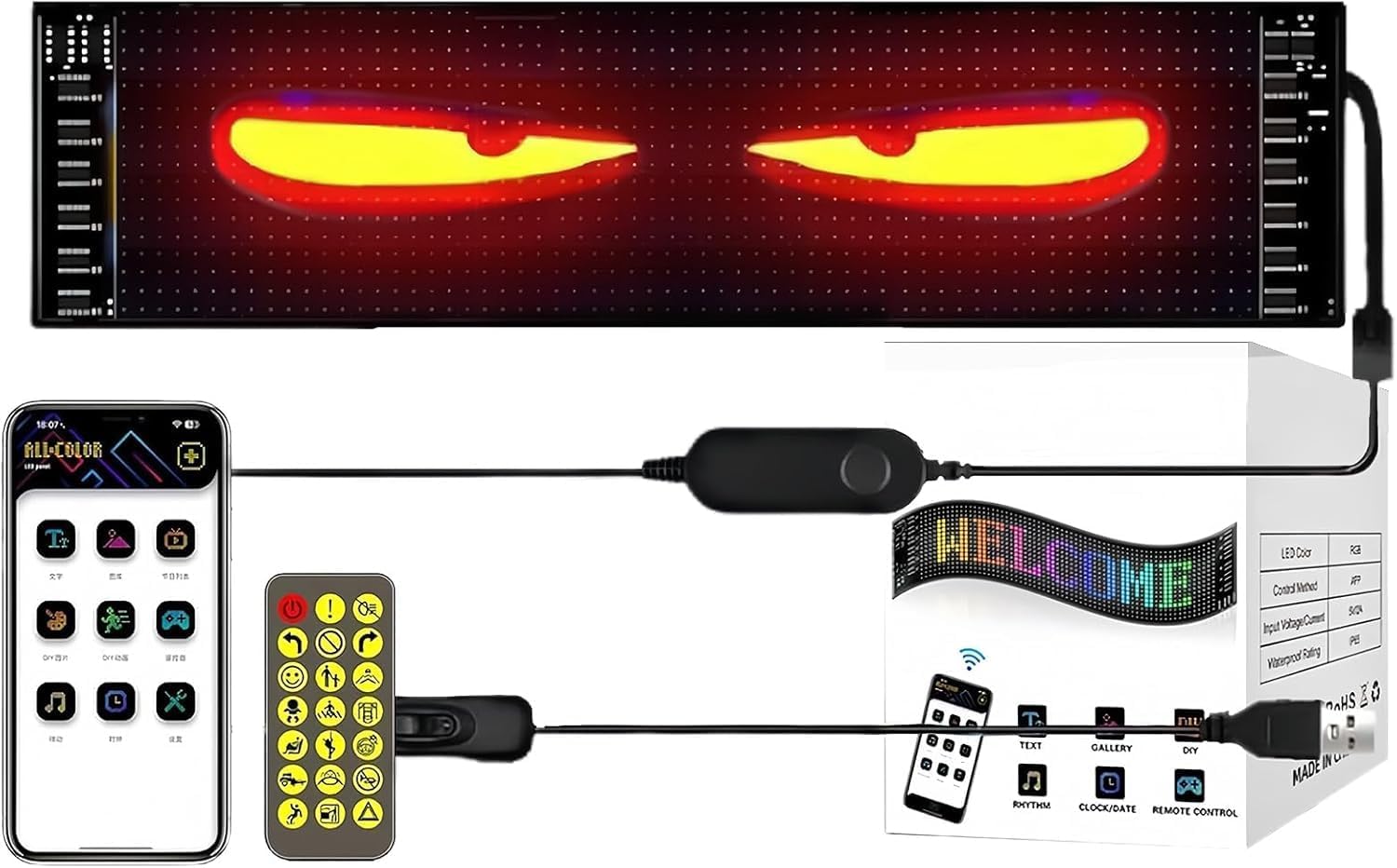 Devil Eyes Light dla samochodów LED oczy dla ciężarówek, LED oczy dla auta, programowalne oświetlenie LED ze sterowaniem przez aplikację i pilotem zdalnego sterowania, do tekstu, samochód