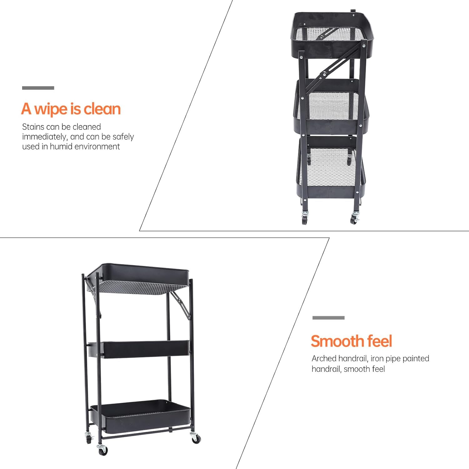 PRETYZOOM Multi-Layer Rolling Storage Trolley Rack Black Foldable No-Assembly Standing Shelf Unit for Kitchen Pantry Home Organization