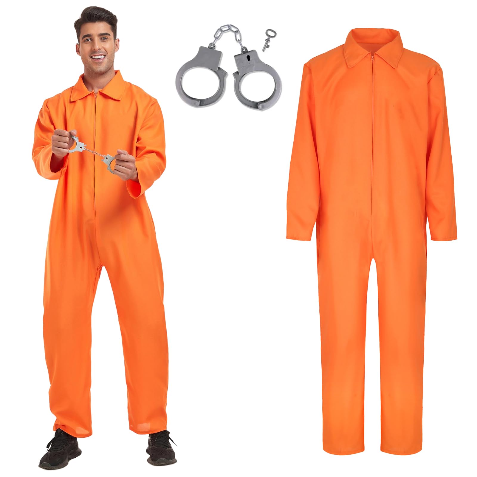 Prisoner Costume, Men's Prisoner Costume, Orange Prison Costumes with Handcuffs, Adult Prisoner Jumpsuit, Men's Orange Prison Costumes for Halloween, Carnival, Cosplay