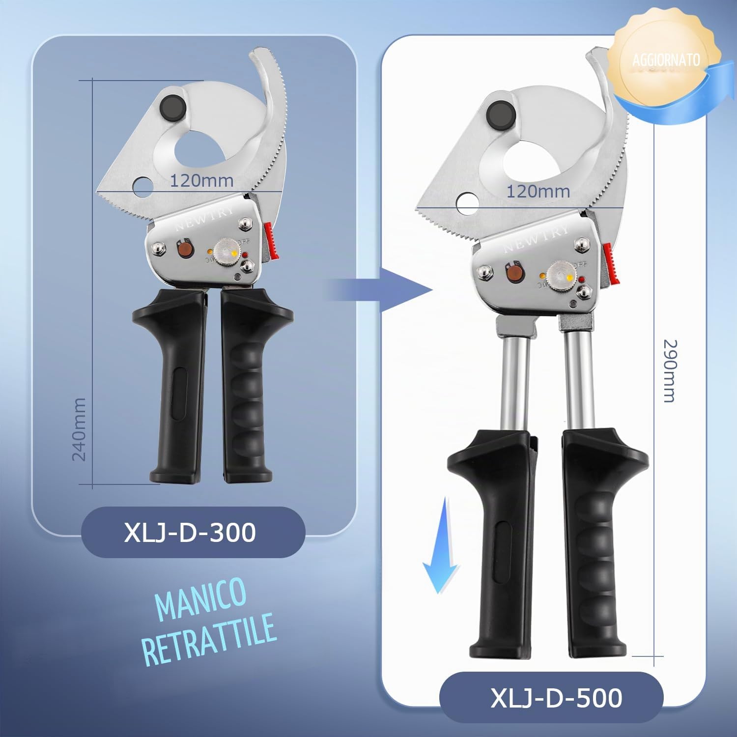 NEWTRY Utensile Tagliacavi a cricchetto per Tagliare fili di rame e alluminio fino a 500 mm², in Acciaio Inox con Impugnatura Retrattile, XLJ-D-500