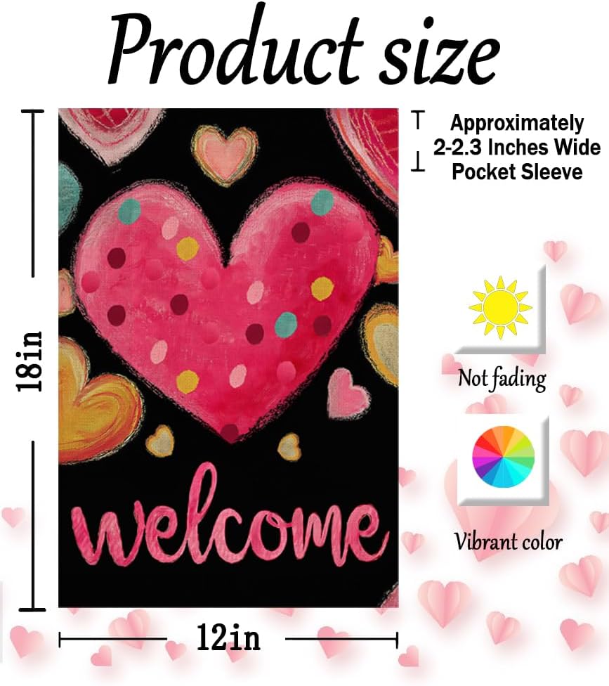 Valentines Day Love Heart Garden Flag 12x18 Inch Double Sided for Red Pink Love Hearts Outside Welcome Wedding Anniversary Party Decor Flag - Image 2