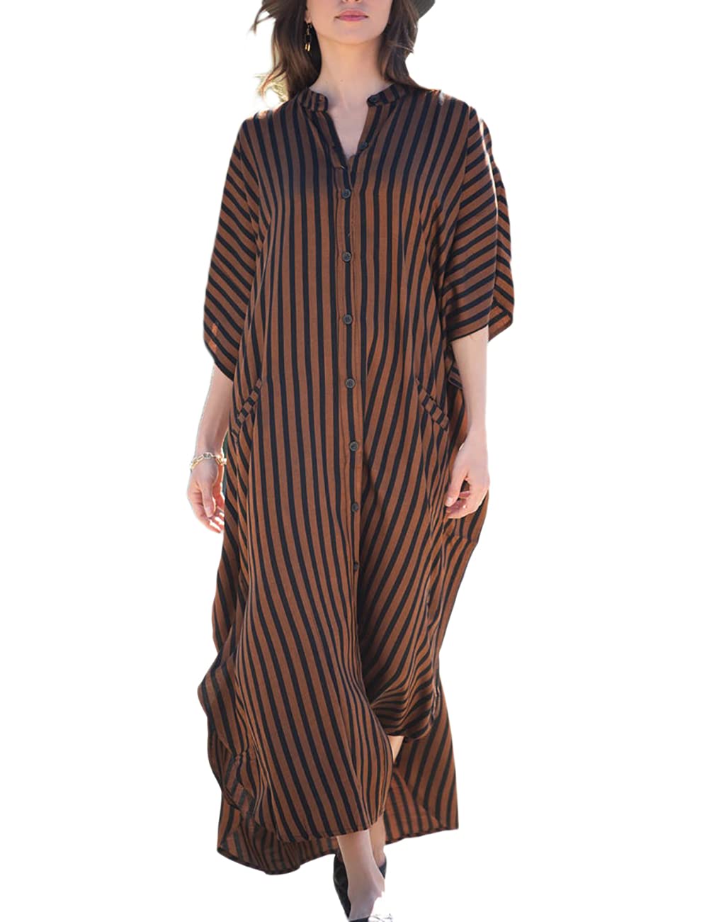 Beach Kaftan Dresses Women Button Down Long Rayon Caftan Swim Cover Up Muumuu Dress Oversized Coverups With Pockets