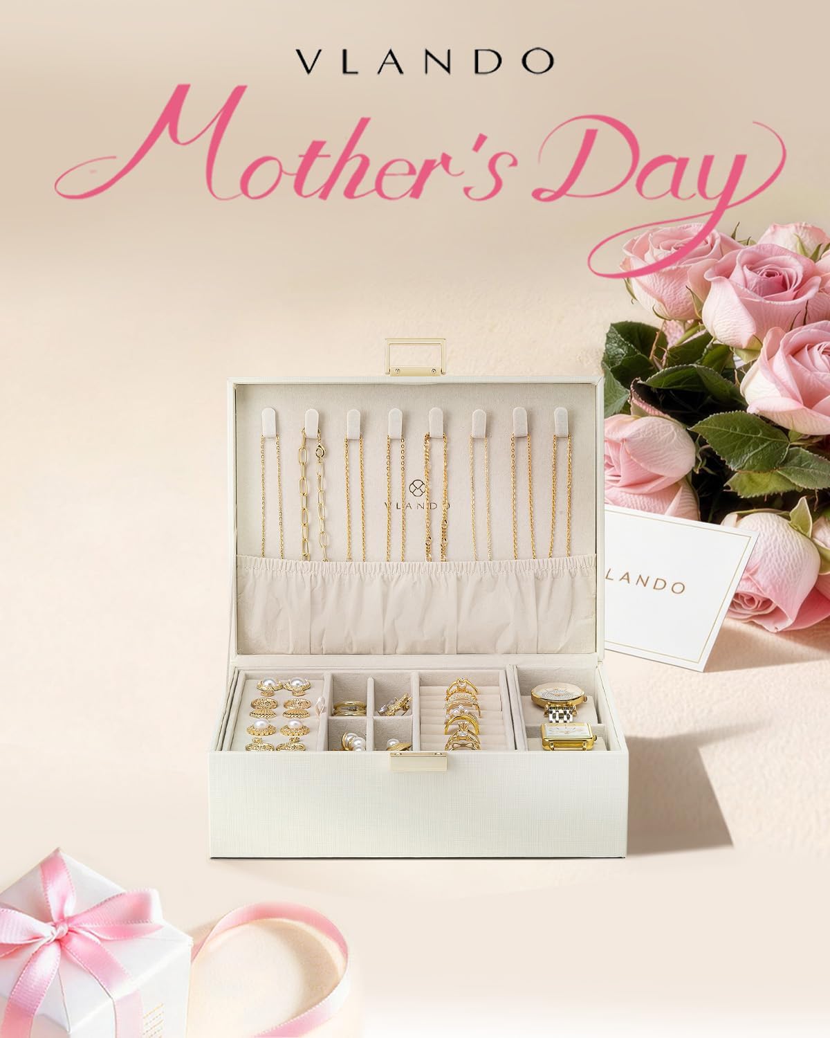 Vlando Jewelry Organizer,2 Layer Jewelry Box Large Jewelry Organizer for Women Removable Jewelery Tray with Watch Pillow for Necklace Earrings Rings Bracelets(Cream White)