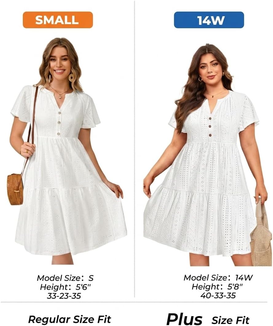 Plus Size Summer Dress - Casual Sundress Beach Short Sleeve V Neck Tiered Button Up Boho Midi Flowy Sun Dresses Women