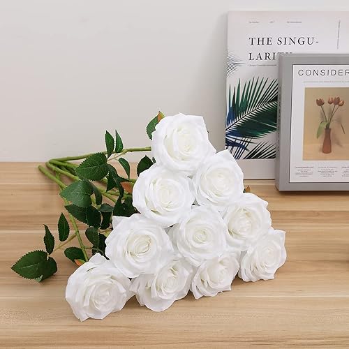 Miniatura 4 de 10 rosas artificiales abiertas, tallos de rosas artificiales para arreglos de boda, ramo de novia, centro de mesa, flores de seda sintética falsas