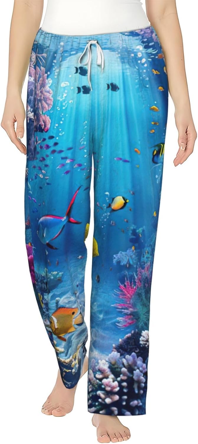 Colorful Ocean Theme Print Fashion Cozy Womens Flannel Pajama Pants,Perfect For Christmas And Everyday Wear
