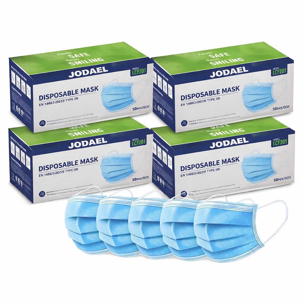 JODAEL Disposable Face Masks with Ear Loops 3 Ply Protection Masks Bulk Buy Packs Available Breathable & Comfortable Health & Personal Care Hygiene Ideal for Travel, Work & Daily Use(200)
