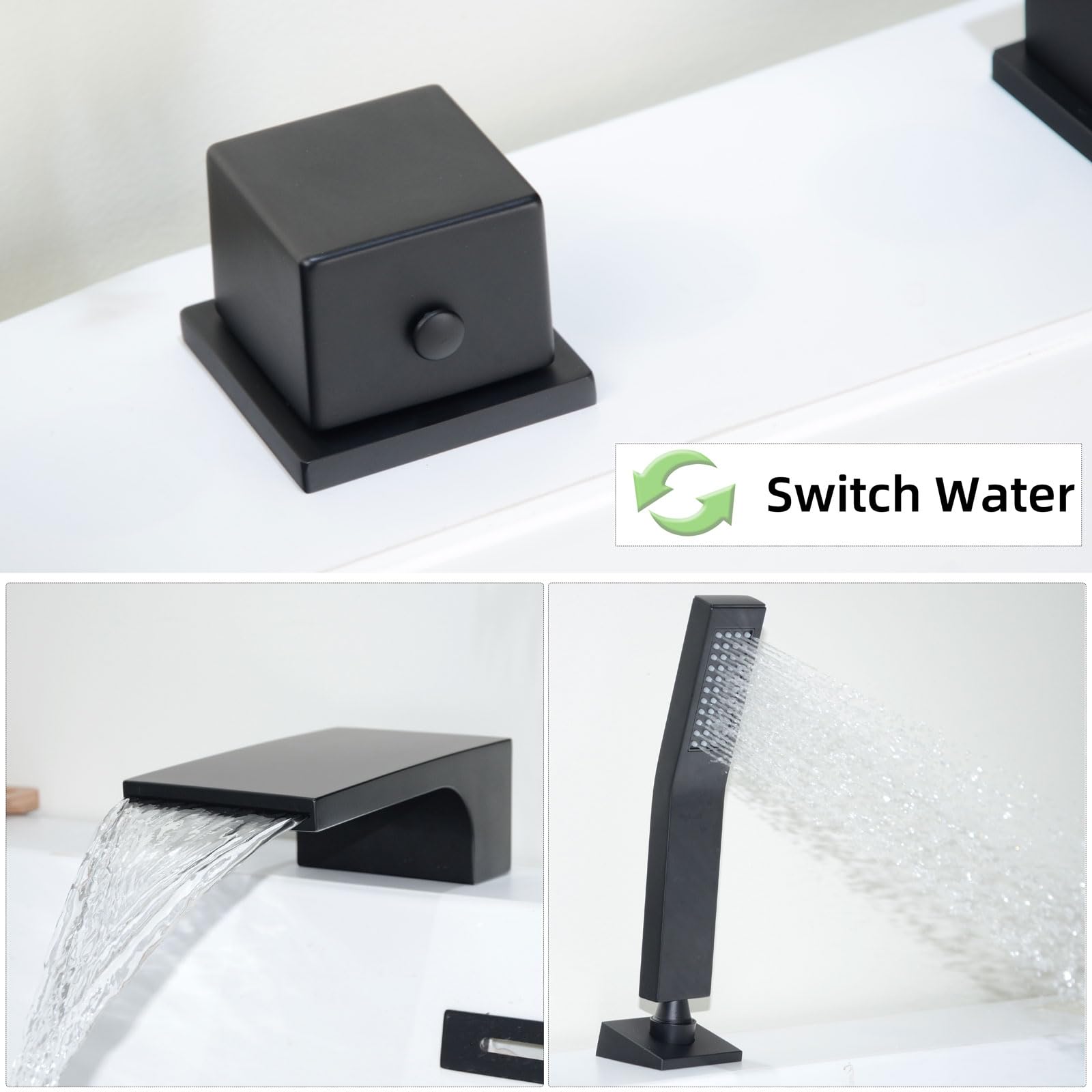 Rubinetto Vasca A Cascata Nero - 3 Fori, Con Doccetta, Ottone, Design Moderno - Foto 8