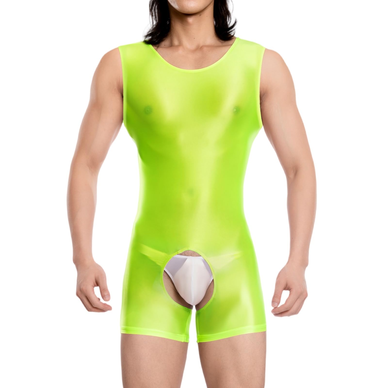 RuiChy Herren Glänzendes Body Armellos Fitness Overall Tank Top Shiny Rundhals Einteiliges Leotard Wrestling Singlet Unitard Freizeit Trainings Playsuit Festival Rave Nachtwäsche